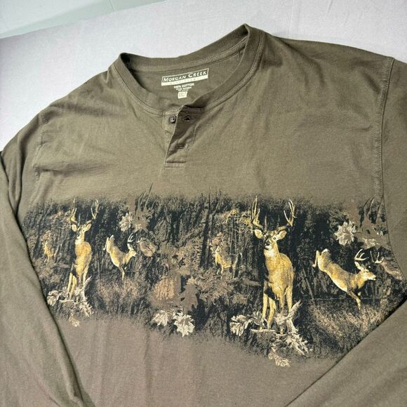Morgan Creek Outfitters‎ Henley Shirt 2XL Tall Deer Bucks Hunting Green Long - Picture 2 of 12